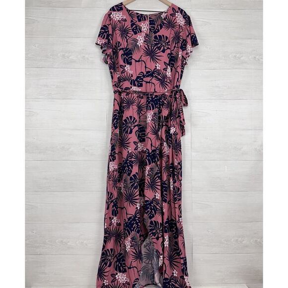 ModCloth x Collectif Maxi Dress 14 Pink Thelma Tropicool V Neck Tie Waist NWT - Picture 3 of 16